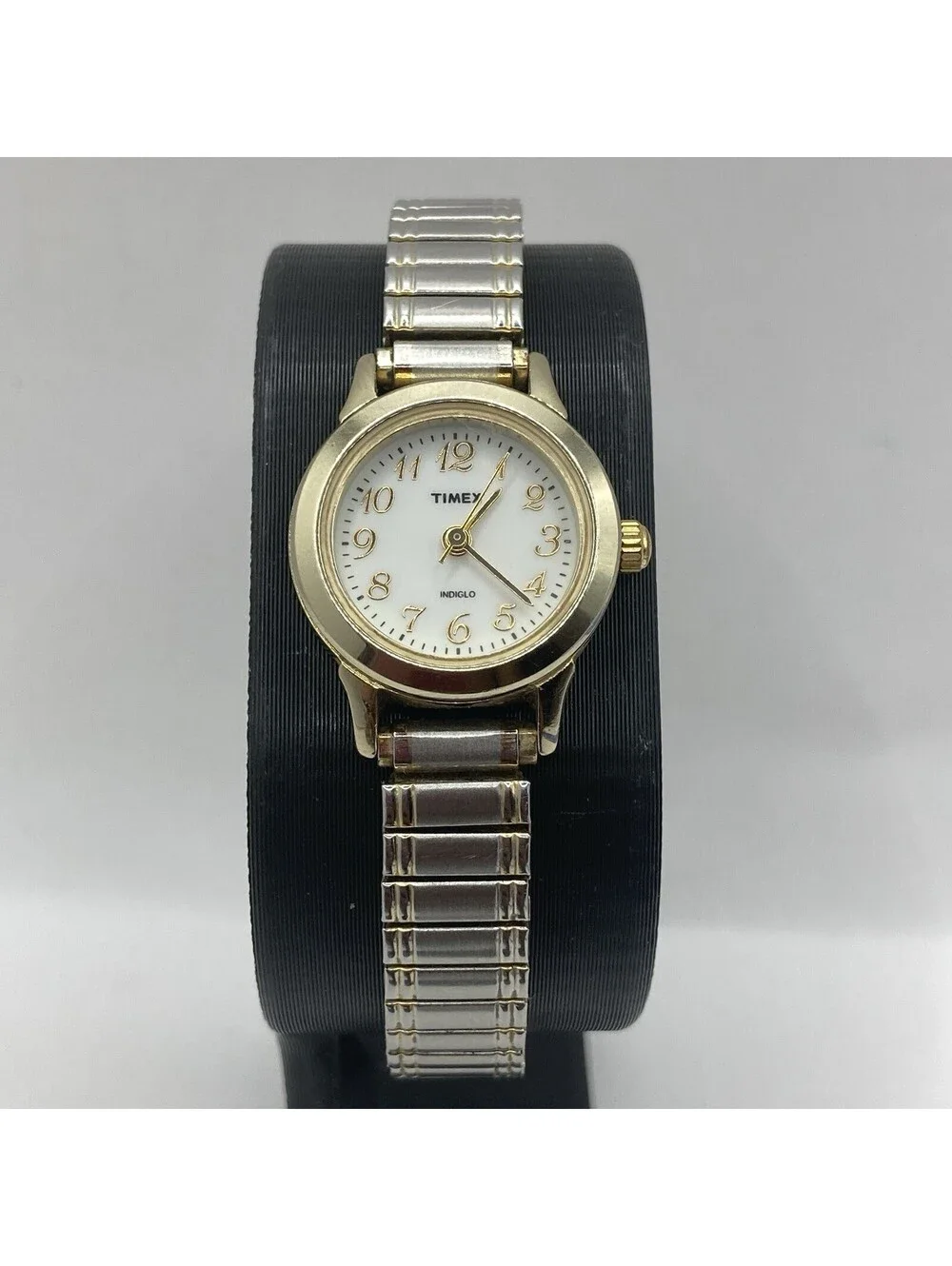 Timex Indiglo Women's Watch Two Tone Expansion Band Gold Silver Tone White Dial